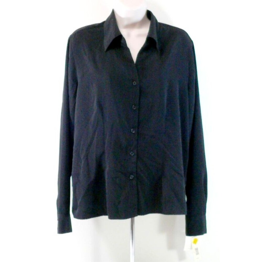 NWT CROFT & BARROW Shirt Top blouse solid Black collar long sleeve tunic LARGE